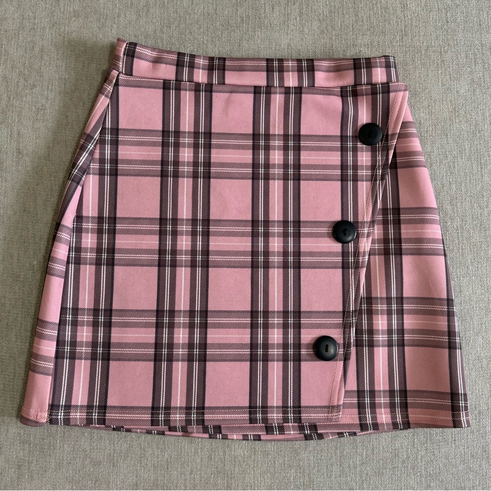 PLT Pink Plaid Skirt with Buttons